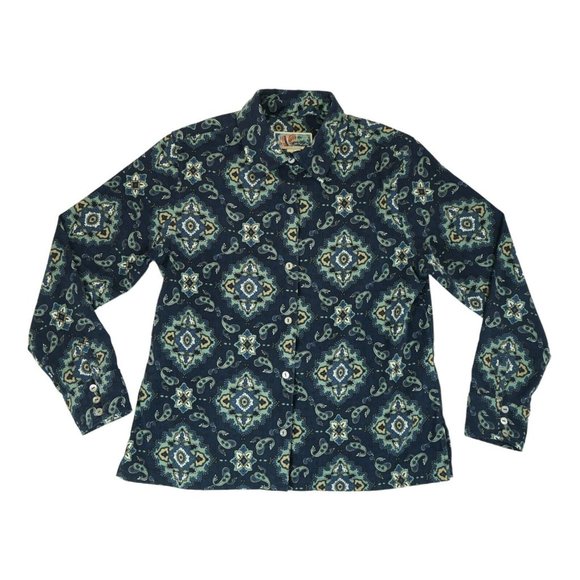 La Cabana Women's Shirt Button Down Polyester Paisley Print Navy Long Sleeve L - Picture 1 of 4